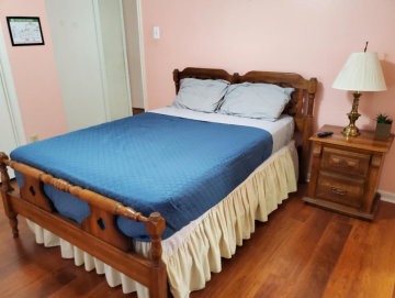 Blue bed in a bedroom